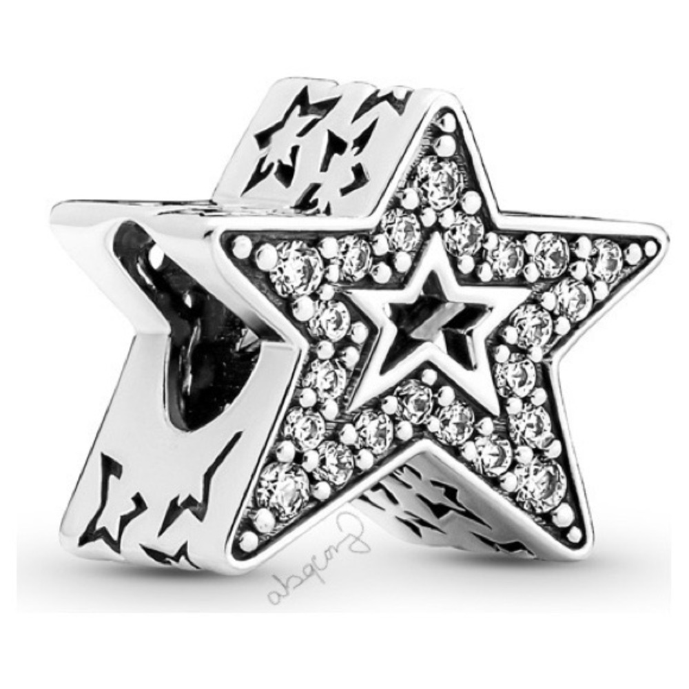 EUC Pandora 790016C01 Sterling Silver Asymmetric Star Charm w/ Clear CZ’s